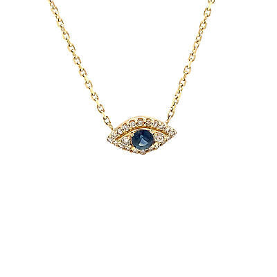 14K Sapphire Diamond Hamsa Eye Necklace Yellow Gold