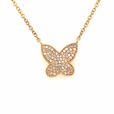 14K Pave Butterfly Pendant Necklace Yellow Gold