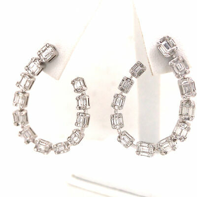 18K Round and Baguette Diamond Open Hoop Earring White Gold