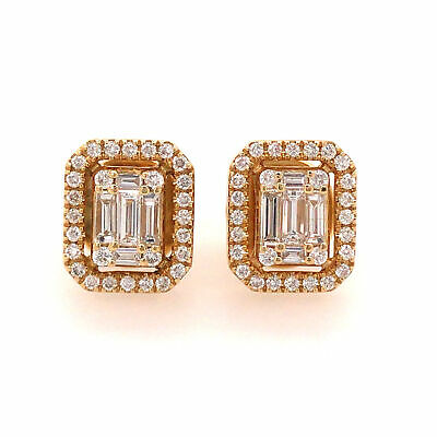 18K Round and Baguette Diamond Cluster Halo Earrings Yellow Gold
