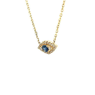 14K Sapphire Diamond Hamsa Eye Necklace Yellow Gold