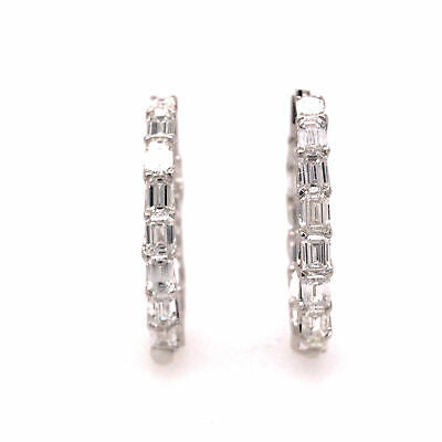 18K Emerald Diamond Elongated In/Out Hoop Earrings White Gold