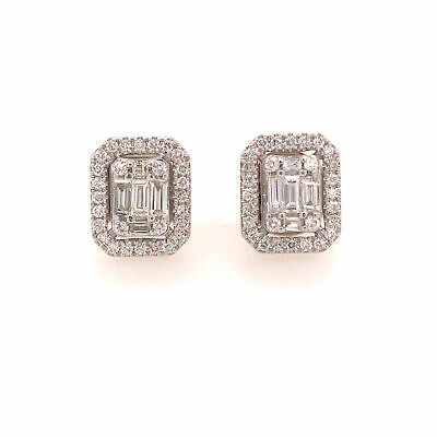 18K Round and Baguette Diamond Cluster Earrings White Gold
