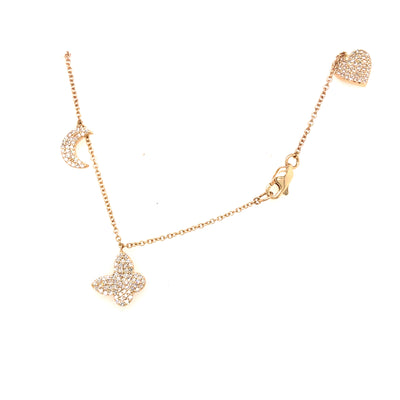 14K Pave Heart, Star, Marquise, Moon and Butterfly Charm Bracelet Yellow Gold