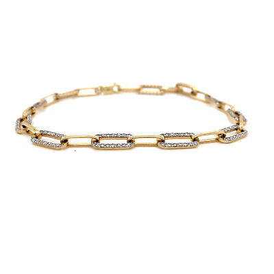 14K Diamond Paperclip Chain Bracelet Yellow Gold